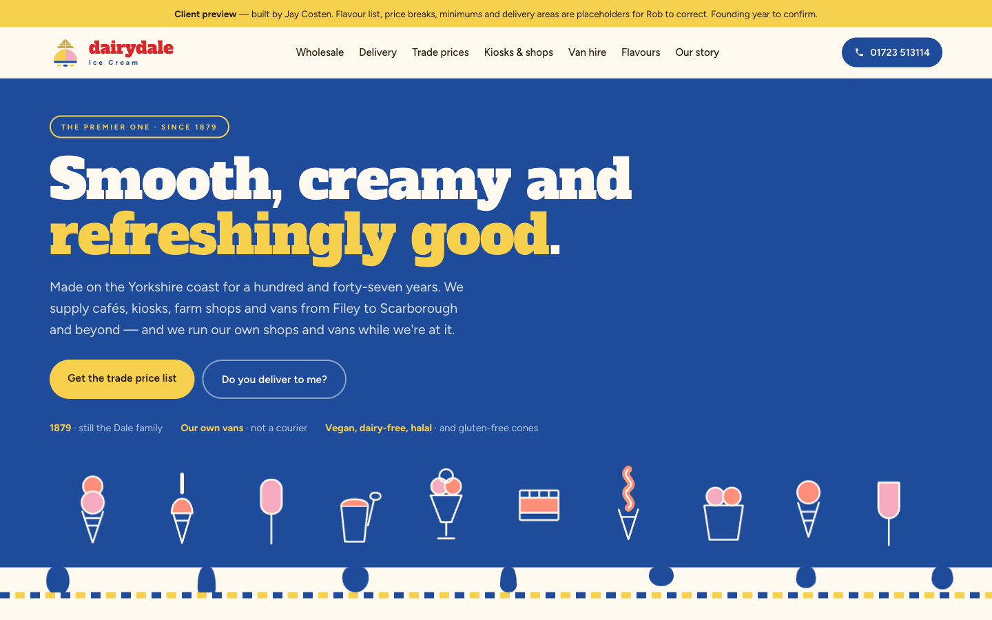 The Dairydale Ice Cream homepage: a Yorkshire coast ice cream maker and wholesaler, with the trade price list and delivery-area enquiry set above the flavour range.